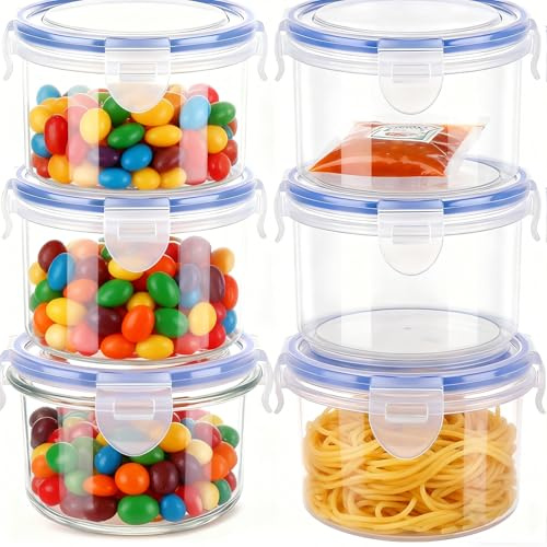 Tefrine 6 Pack Food Storage Containers with Lids, Reusable Snack Pots Sealed Plastic Food Storage Containers Round Leakproof Stackable Container Set with Clip Lock Lid for Chips Yogurt Snacks 300ml