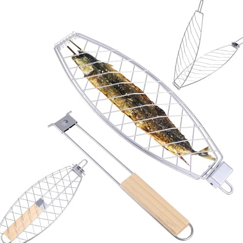 lasuroa Cestino Grigliare il Pesce, Cestino Pieghevole in Ferro con Manico in Legno Griglia Antiaderente Utensili da Cucina per Esterni Ideale per Qualsiasi Barbecue di Pesce
