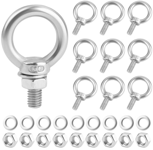 10 Pack M6 x 14mm Stainless Steel Eye Bolts with Nuts and Washers,304 Stainless Steel Eye Bolt Screw,Male Thread Eye Bolts for Hanging,DIY Projects,Outdoor Hardware, Furniture,Lighting,M6 x 14mm