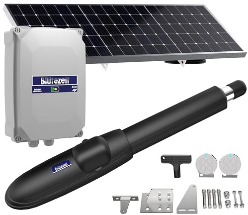 Blütezeit Solar Swing Gate Opener, 880lb Single-Arm Operator with Built-in 24V Lithium Battery & 25W Solar Panel, Integrated Control Box for Easy Install, Smart Auto Setting, 2 Remotes & Complete Kits