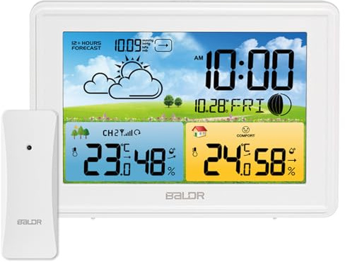 Station météo sans Fil avec 1 Capteurs Intérieure Extérieure, Thermomètre Hygromètre Baromètre LED Ecran Rétro-éclairage Horloge Numérique Alarme et Snooze Affichage (Blanc)