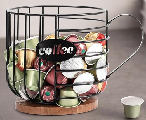 Houbobo Coffee Pod Holder Organizer, Sturdy Capsule Basket for Counter, Large Capacity Metal Storage Basket with Solid Wood Base, Coffee Bar Accessories for Kitchen, Living Room and Office