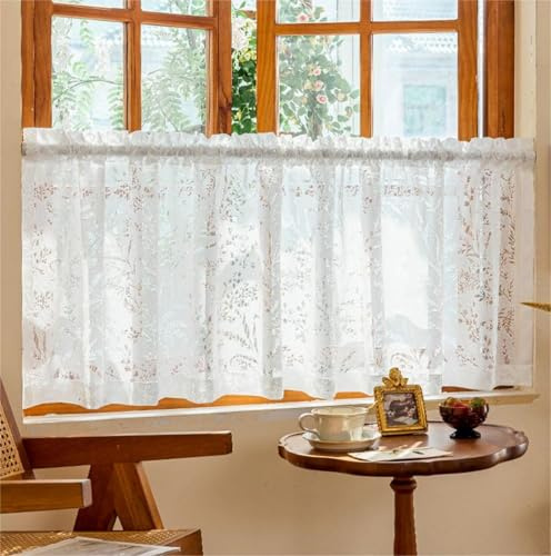 Yaland Jacquard Scheibengardine mit Blattmuster 1 Stück HxB 60x200cm Weiß | zarten Lochstickerei Bistrogardine mit Stangendurchzug Sichtschutz Halbvorhang Spitzenvorhang für Küche & Fenster