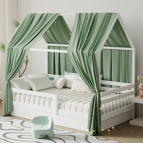 Pacok Hausbett Himmel mit Lichterkette Deko 2 Stück 67 x 270 cm Grün | Baldachin Hausbett Vorhang,Betthimmel Stoffhimmel Hausbett für Mädchen Jungen Kinderbett