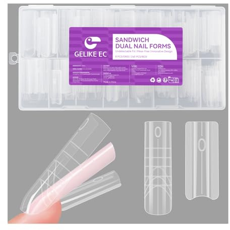 Gelike ec Formes à double ongles pour gel de construction : design sandwich formes d'ongles extension d'ongles 240 pièces 15 tailles - pour extensions de gel impeccable - facile pour le bricolage et