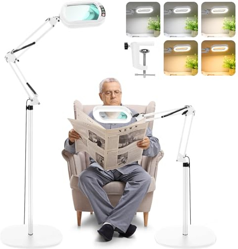 12X Lupe mit Licht und Ständer, optische Glaslinsen, 3-in-1 Lupen-Stehleuchte, 5 Farbmodi, dimmbare lupenlampe, leselupe für senioren groß, Hände Frei standlupe für Malerei, Nähen, chließen Arbeit