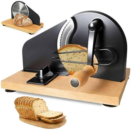 FDOUIGE Manuelle Brotschneidemaschine mit Handkurbel | Scheibendicke stufenlos wählbar 1–20 mm | Edelstahlklinge mit Wellenschliff | Rutschfeste Saugnäpfe | Für Sauerteig, Roggen, Toast & Baguette