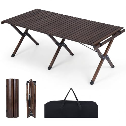 COSTWAY Mesa Plegable Camping, Mesa de Picnic Plegable con Tablero Enrollable de Madera Pino y Bolsa de Transporte para 4-6 Personas, Portátil para Playa, BBQ, Fiestas, 122 x 60 x 45 cm (Café)