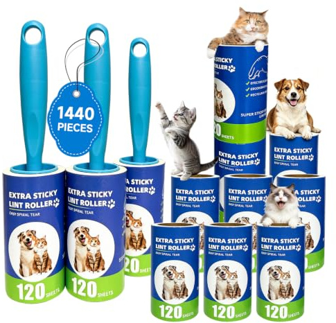 Rodillo Quitapelos Mascotas Reutilizable, 1440 Hojas Paquete de Gran Valor, 3 Mangos, Super Adhesivo, Removedor de Pelo de Mascotas y Pelusa, Multiusos para Ropa, Sofá, Cama y Tapicería