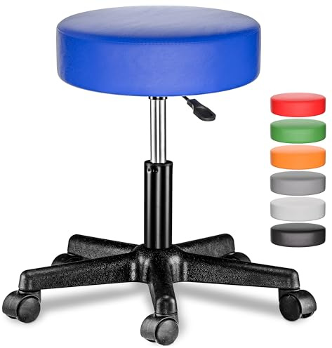 CASARIA® Taburete Oficina Giratorio 360° Redondo Ø 35cm con Ruedas Silla Escritorio Trabajo Altura Regulable 46-60cm Acolchado 10cm Resistente Azul