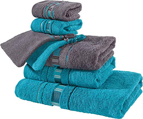 Erwin Müller Frottier Handtuch-Set, Frottier-Set - Achern - türkis/grau Größe beidseitige Schlaufen - strapazierfähig - voluminös - 100% Baumwolle - 500g/m²