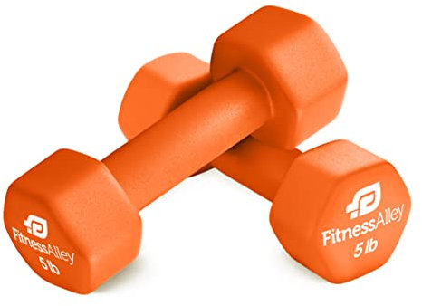 Fitness Alley 2,3 kg neopren hantelset belagt för halkfritt grepp – sexkantiga hantlar viktset – handvikter set – neopren viktpar – sexkantiga handvikter – set med två neoprenhantlar, 2,3 kg – orange