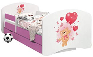 Happy Babies - Dubbelsidig rosa barnsäng med skola, modern design med säkra kanter och fallskydd, skummadrass, 7 cm (08. Björn med ballonger, 140 x 70)