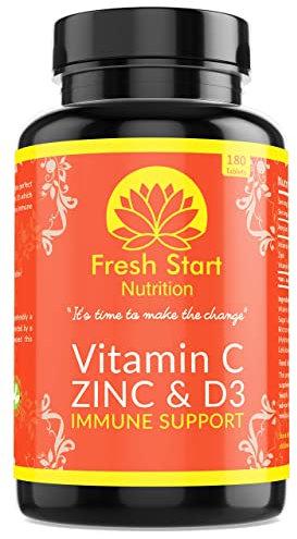 Vitamin C Zinc and Vitamin D Tablets - 180 Vegetarian Tablets for Men and Women - for Maintenance of Normal Immune System - 6 Month Supply - Made in The UK by Fresh Start Nutrition