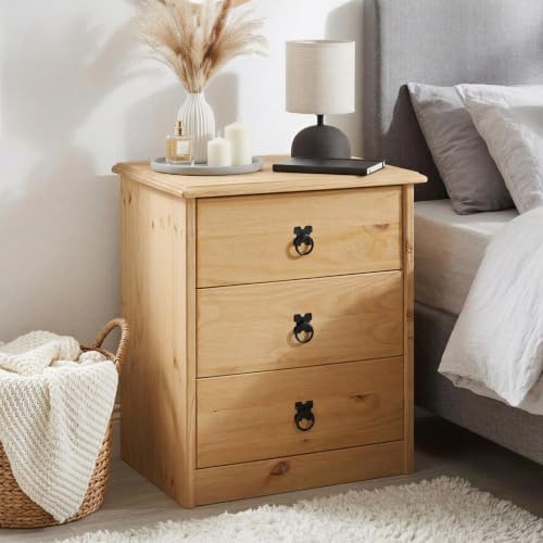 CARO-Möbel Nachttisch Barrio mit 3 Schubladen im Landhausstil, Nachtkommode für Boxspringbetten aus Kiefer, Nachttisch aus Massivholz, Landhaus