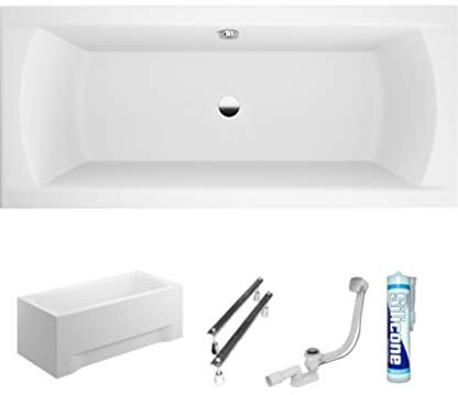 ECOLAM® Badewanne Wanne Rechteck Ines Polimat Design Acryl weiß 170x75 cm + Schürze Ablaufgarnitur Ab- und Überlauf Automatik Füße Silikon Komplett-Set, Rechteckbadewanne für Zwei