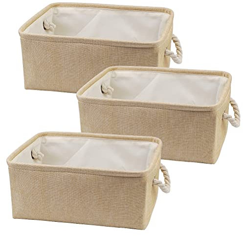 Lot de 3 Paniers de Rangement Bac de Rangement en Tissu, Boîte de Rangement Ouverte en Toile Pliable avec Poignéepour pour Ranger Vêtements, Jouets, Serviettes, DVD, Chapeau - Beige