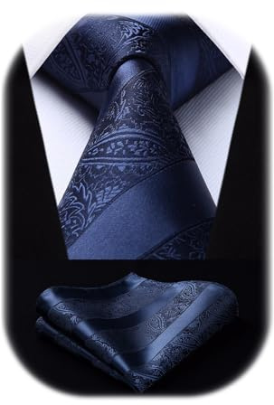 HISDERN Herren Krawatte Taschentuch Paisley Krawatte & Einstecktuch Set Blumen Jacquard Gewebt Schlips Einfarbig (Navyblau)