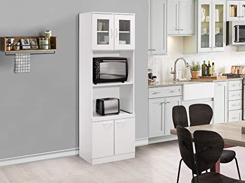 KB Designs Despensa de almacenamiento de cocina de madera y vidrio de 71 pulgadas, armario de microondas, color blanco