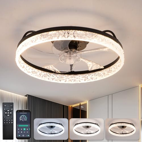 YUNLONG Ceiling Fans with Lights and Remote, Quiet Ceiling Fans with Lamps DC Motor Winter Summer Mode 6 Wind Speeds Dimmable Ceiling Fan Lighting for Bedroom, Kitchen, Lounge, Black
