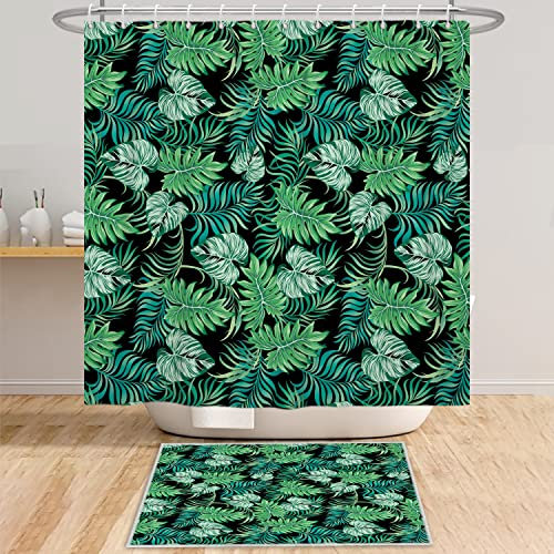 Bovlleetd Cortina de Ducha de Hoja Verde 180x200cm Cortinas de Ducha botánicas de Hoja de Palma Planta Tropical Fondo Negro Cortina Decorativa de baño Cortina de bañera Impermeable