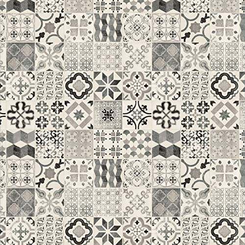 Tile Effect Vinyl Flooring 2.4mm Thick Lino for Bathroom Kitchen Hall (Black & White Patterned Tiles, 2m x 2m)