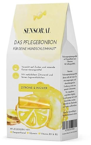 Sensoral Pflegebonbons | Pflege der Mundschleimhaut | Lecker & Wirksam: Pflegekern mit 20 mg Dexpanthenol pro Bonbon + natürliches Zitronenöl | Zuckerfrei (Zitrone-Ingwer) | Verbesserte Rezeptur
