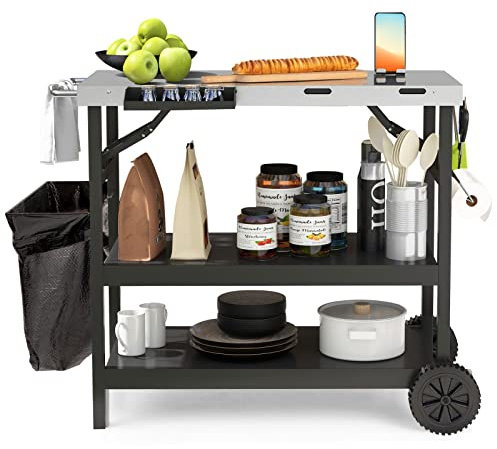 GOFLAME 3-Shelf Outdoor Grill Dining Cart, Movable Food Prep Cart Table with Adjustable Shelf, Stainless Steel Table Top, Kitchen Cart Island Table on 2 Wheels, Heavy Duty BBQ Flattop Worktable