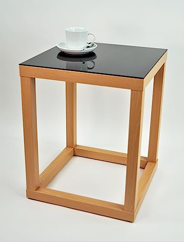 freeroom24, Beistelltisch, Wohnzimmertisch, Couchtisch, Coffee Table, Kleiner Kaffeetisch, Blumenhocker, Blumensäule, Cube, Holzoptik Buche Nachbildung, Glas schwarz, 50 x 50 x 80cm, Made in Germany