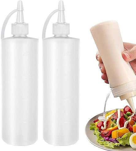 2 Pcs Squeeze Sauce Bottles 8oz Plastic Squeezy Bottle with Nozzles 250ML Reusable Condiment Bottles with Cap Dispensing for Oil, Cooking, Baking, BBQ, Chilli Sauce, Mayonnaise