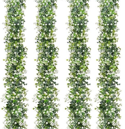 LOMOHOO 4PCS 24FT Artificial Eucalyptus Garland With White Flowers, Fake Leaves Green Garland Artificial Foliage Garland, Greenery Garlands for Home Decoration Wedding Backdrop Table Arch Wall Decor
