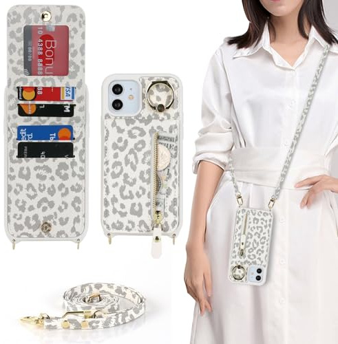 Zouzt Crossbody Wallet Case for iPhone 12/12 Pro, with Strap,White Leopard | Lanyard Purse, 4 Card Holder, 360° Ring Kickstand, PU Leather Zipper Handbag, Shockproof TPU, Back Flip Phone Cover for Women