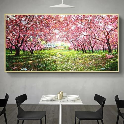 KDXAOBEI Flores de cerezo árbol rosa paisaje lienzo arte de la pared pintura carteles e impresiones abstractos cuadros de pared decoración 85x170 cm (33x67 pulgadas) sin marco