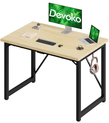 Devoko Schreibtisch 100x60x75 cm | Kleiner Computertisch mit verstellbaren Füßen & Haken | 60 kg Tragkraft, wasserfest | Für modernes Homeoffice | Beige