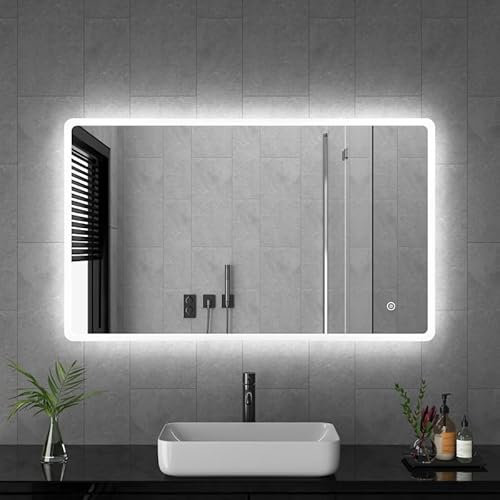 Goezes Badspiegel mit Beleuchtung 60x100cm LED Lichtspiegel, 100x60cm Badezimmerspiegel 3 Lichtfarbe Dimmbare 3000-6500K Kaltweiß Warmweiß LED Spiegel mit Beleuchtet, Schminkspiegel mit Touchschalter