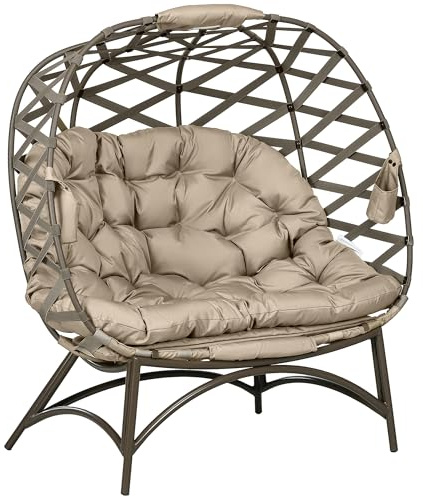 Outsunny Egg Chair Outdoor 2 Seater Folding Weave with Cushion Khaki