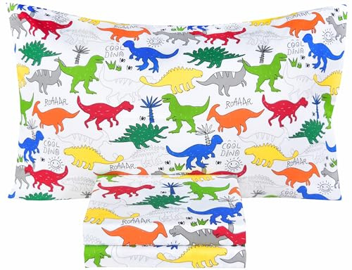 Scientific Sleep Colorful Dinosaur Cute Fun 100% Cotton Cozy Twin Bed Sheet Set, Flat Sheet & Fitted Sheet & Pillowcase Kids Boys Girls Natural Bedding Set (Dino, Twin)