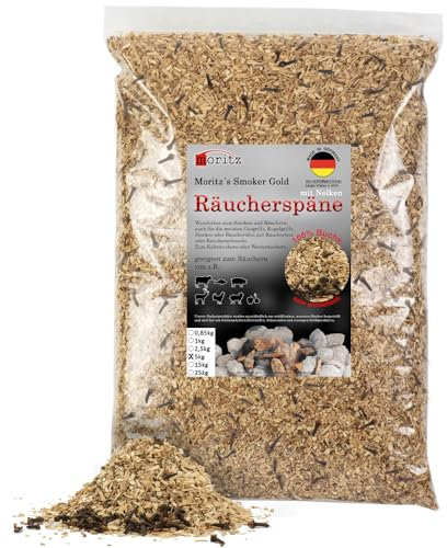 Moritz 5 kg di trucioli di faggio con chiodi di garofano, 0,75 – 2 mm, affumicatura a freddo di pesce, carne, formaggio, verdure, anche per barbecue, barbecue – farina affumicata