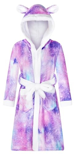 WYTbaby Flickor morgonrock med huva badrock barn mjuk fleece barn handduk rock 3D djurmönster flickor badrock ålder 4-14 år, Lila stjärna, 7-9 Years