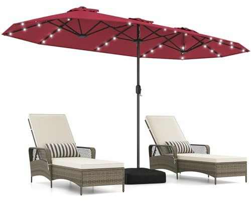 COSTWAY Parasol de Jardin Exterieur avec Pied 4 x 2 m avec LED Solaires, Parasol Double Rectangulaire avec Manivelle&2 Sacs de Sable, 8 Personnes, Protection Solaire, pour Terrasse, Patio (Rouge)