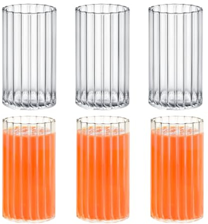 Wilmax - Lot de 6 verres striés - 250 ml - Pour eau, jus, limonade, thé, café glacé, cocktails - Passe au lave-vaisselle