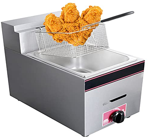 LAMEDOAT Friteuse à gaz de comptoir Commerciale, friteuse au GPL en Acier Inoxydable, avec contrôle de la température et Panier à Huile Amovible, poignée Ergonomique Cool Touch, revêtement antiadhési