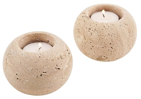 SPESHSTONES Portacandele in marmo, 8,9 cm, in travertino, per regali di nozze e piccole candele, set di 2 per centrotavola, decorazione da tavolo