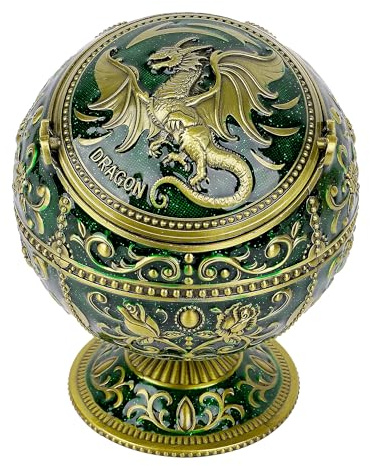 Drachen Aschenbecher mit Deckel - Jade Grün Gold Zinklegierung Winddichter Aschenbecher 3D geprägtes Design, Kegel Räuchergefäß für Männerhöhle, Fantasie, Mittelalterzimmer