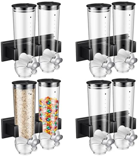 Huwena 4 Sets Cereal Containers Storage,3L Each Set Wall Mounted Cereal Dispenser Dry Food Dispenser Grain Storage Dispenser for Candy Oatmeal Coffee Bean Nuts Food Container (Black)