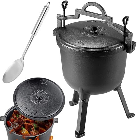 KADAX Jagdkessel, Gusseisen Kochtopf mit Füßen, Schmortopf aus Gusseisen, Dutch Oven für Garten, Lagerfeuer, Camping, BBQ, Feuertopf mit Deckel (7 L mit Löffel)
