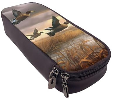 ULKMFFCF Bedrucktes Federmäppchen mit Jagd-Motiv und wilden Enten – PU-Leder für Studenten, Schreibwaren-Tasche, Stiftebox mit Reißverschluss, für Schule, Büro, Reisen und Make-up, Schwarz ,