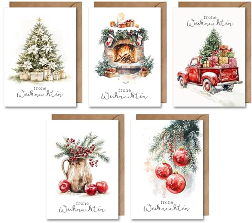 WBdesignz 5er Set Weihnachts Karte mit Umschlag - Frohe Weihnachten klassisches Weihnachtskartenset Heiligabend Adventszeit Geschenkkarte Weihnachten Geschenke Nikolaus Weihnachtsgruß (DIN A6)