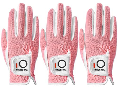 LOVMEAD Damen Golf handschuh Linke Hand Rechts Mikrofaser Regen Heiß Nass Allwetter 3 Stück, Damen Golfhandschuhe Weich Flexibel Langlebig Verschleißfestigkeit Guter Grip (Rosa, M, Rechts)