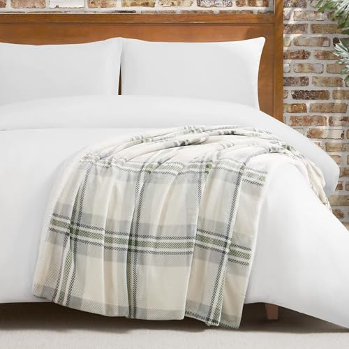 Lucky Brand Sherpa Plaid Grey/Olive 50X70 Cozy Plush Blanket - Premium Microfiber Throw for Luxurious Comfort and Style